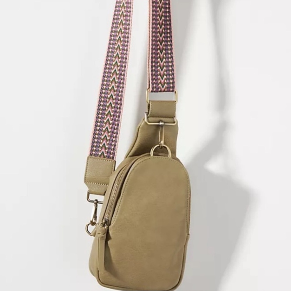 Anthropology Elegant Beige Crossbody Bag with Vibrant Strap